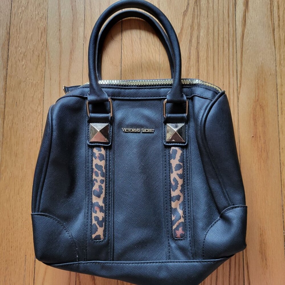 Victorias Secret Black & Leopard Handbag With Gold Accents